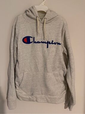 Champion - Light Gray Hoodie with Blue Logo - Men’s Small